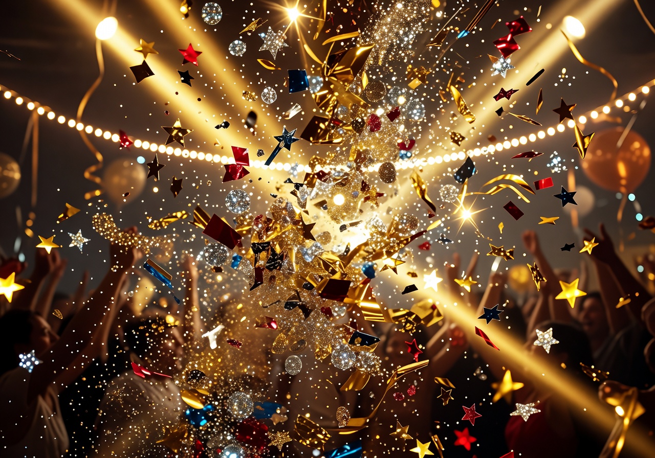 Confetti celebration with sparkling particles and gold lights