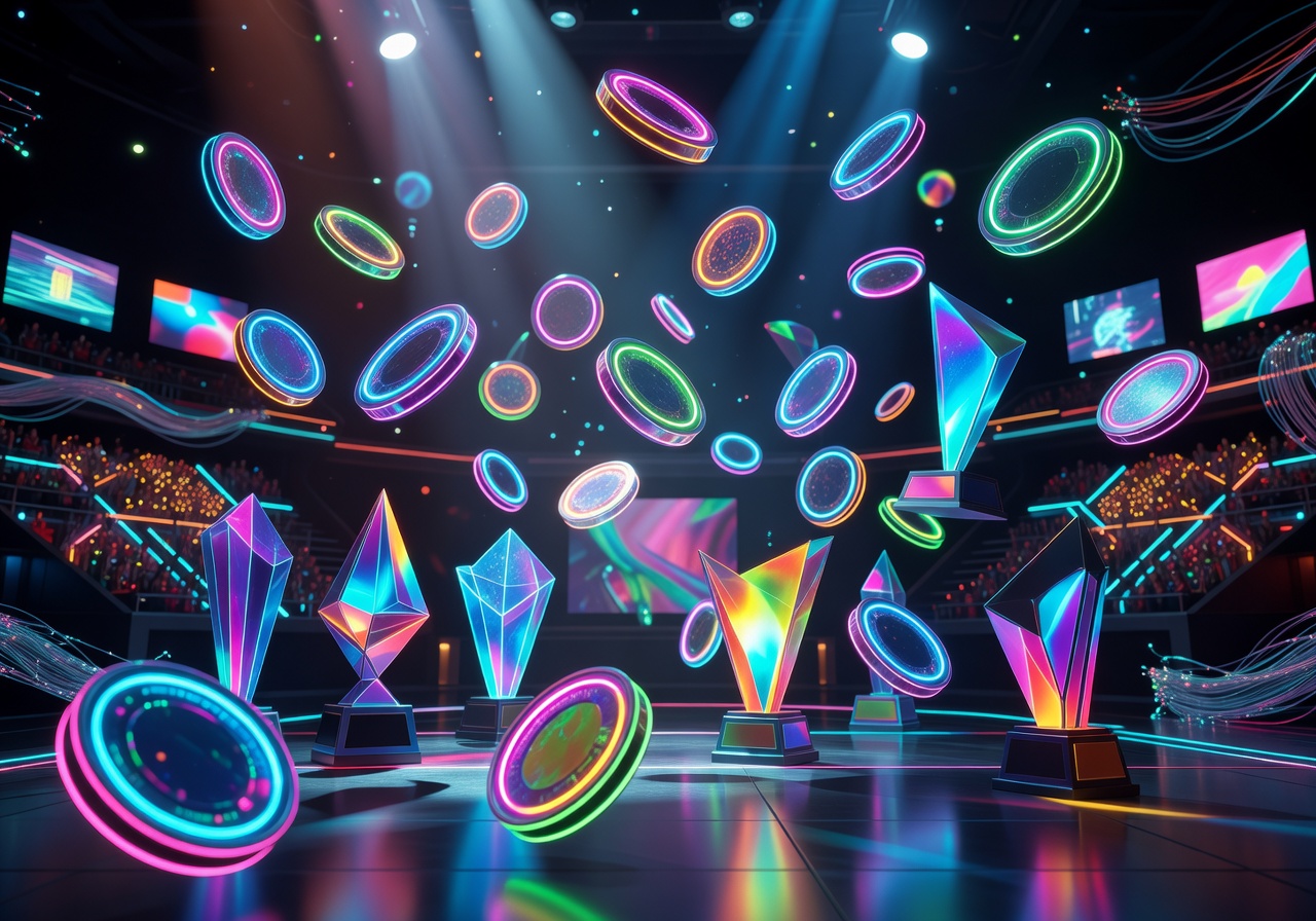 Floating neon reward coins and glowing trophies in a futuristic gaming arena