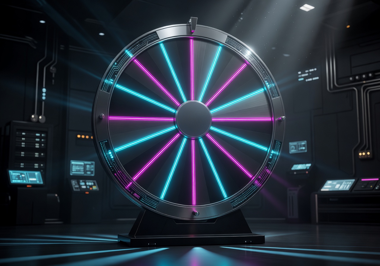 Futuristic lucky wheel glowing in cyan and magenta light