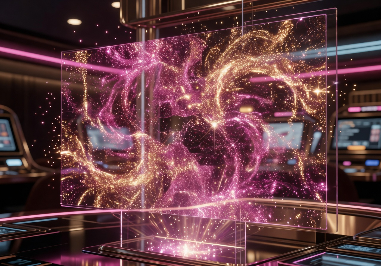 Holographic jackpot screen glowing with magenta and gold particles