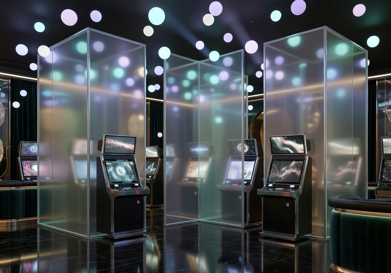 Luxury arcade interior with glassmorphism panels and floating lights