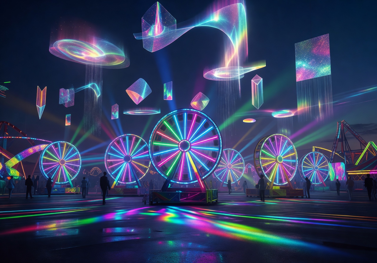 Neon carnival arena with glowing prize wheels and holographic lights