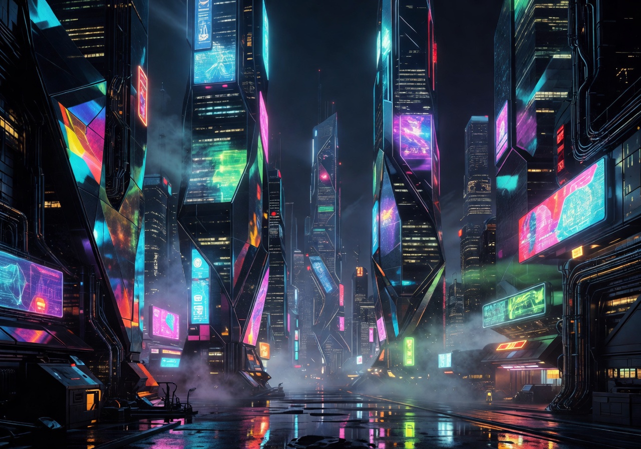 Neon city skyline with cyberpunk buildings and electric signs