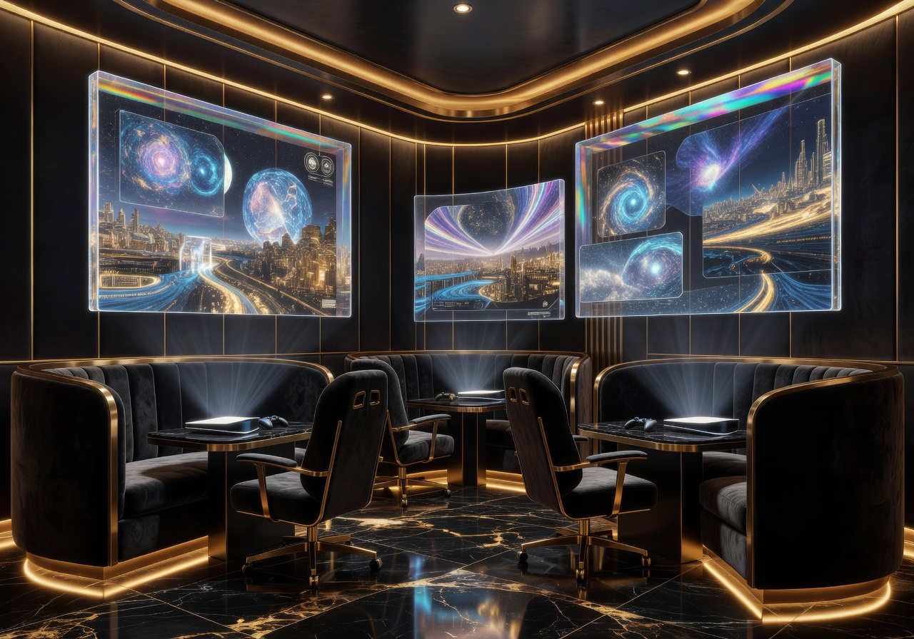 Luxury VIP gaming lounge with holographic panels and gold lighting